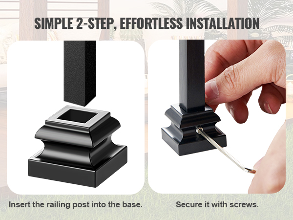 two-step installation of VEVOR aluminum alloy baluster shoes: insert railing post and secure with screws.