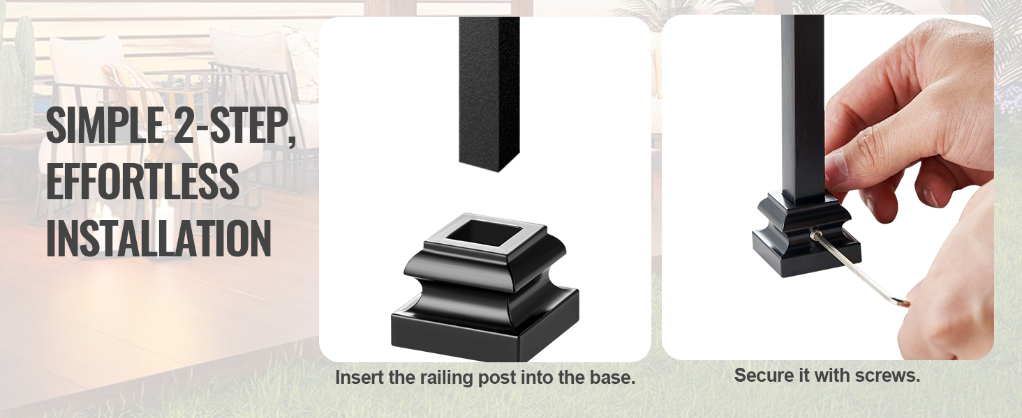 two-step installation of VEVOR aluminum alloy baluster shoes: insert railing post and secure with screws.