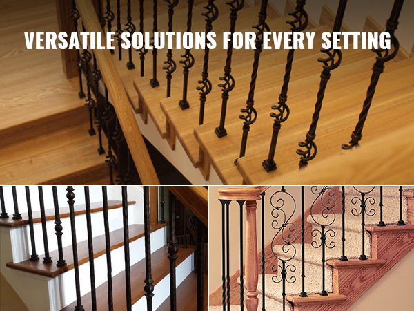 VEVOR aluminum alloy baluster shoes for 1/2'' square railings installed on various staircases.