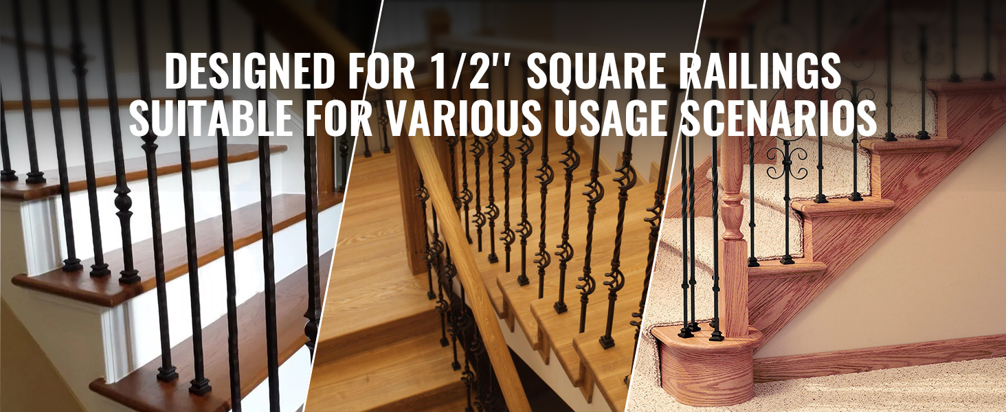 VEVOR aluminum alloy baluster shoes for 1/2'' square railings installed on various staircases.