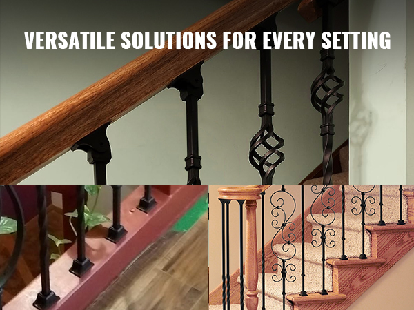 VEVOR aluminum baluster shoes for 1/2" square railings, showcased on various staircases.