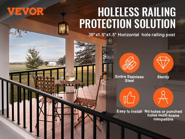 VEVOR cable rail post for holeless railing protection on a cozy porch with countryside view