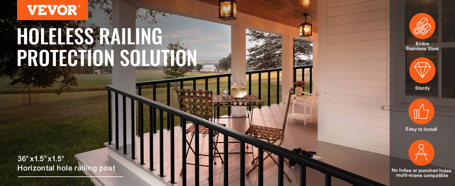 VEVOR cable rail post for holeless railing protection on a cozy porch with countryside view