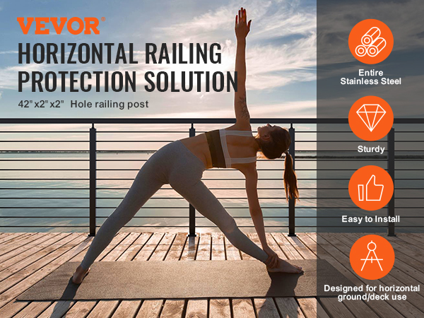 woman doing yoga on a deck with VEVOR cable railing post at sunset.