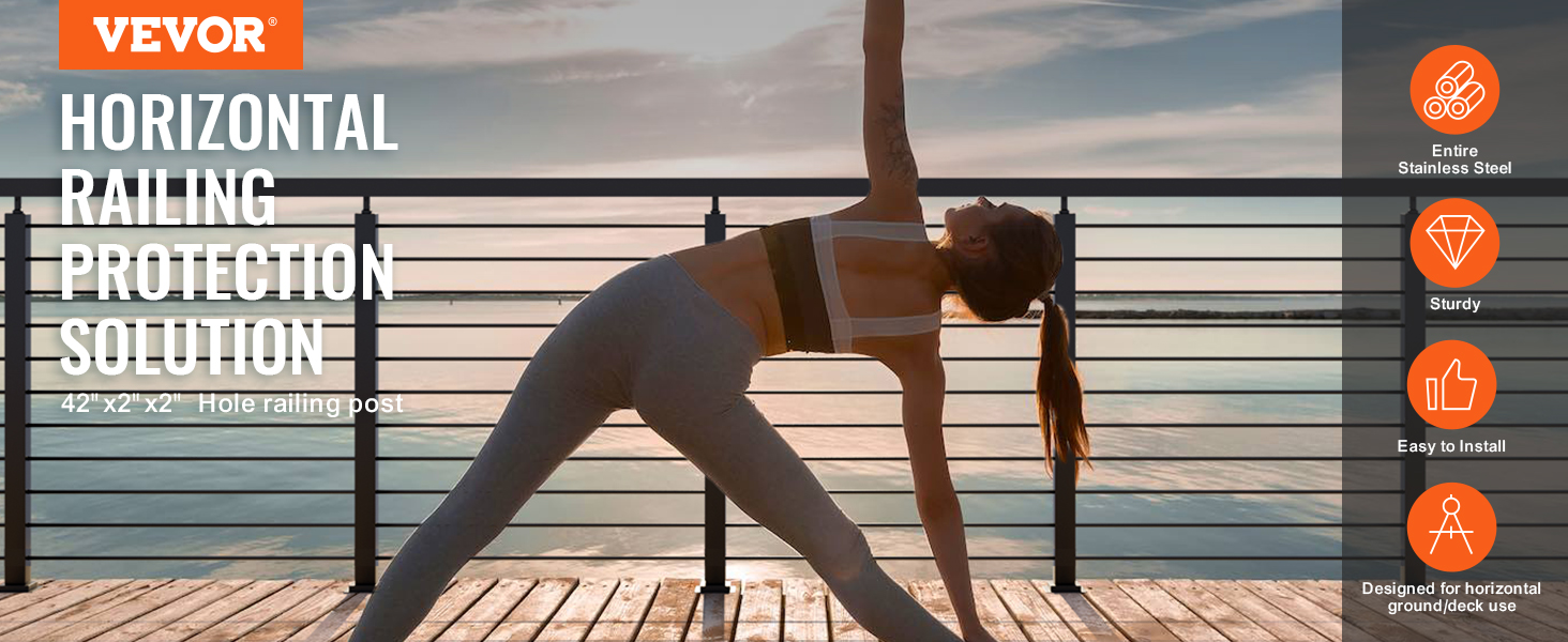 woman doing yoga on a deck with VEVOR cable railing post at sunset.