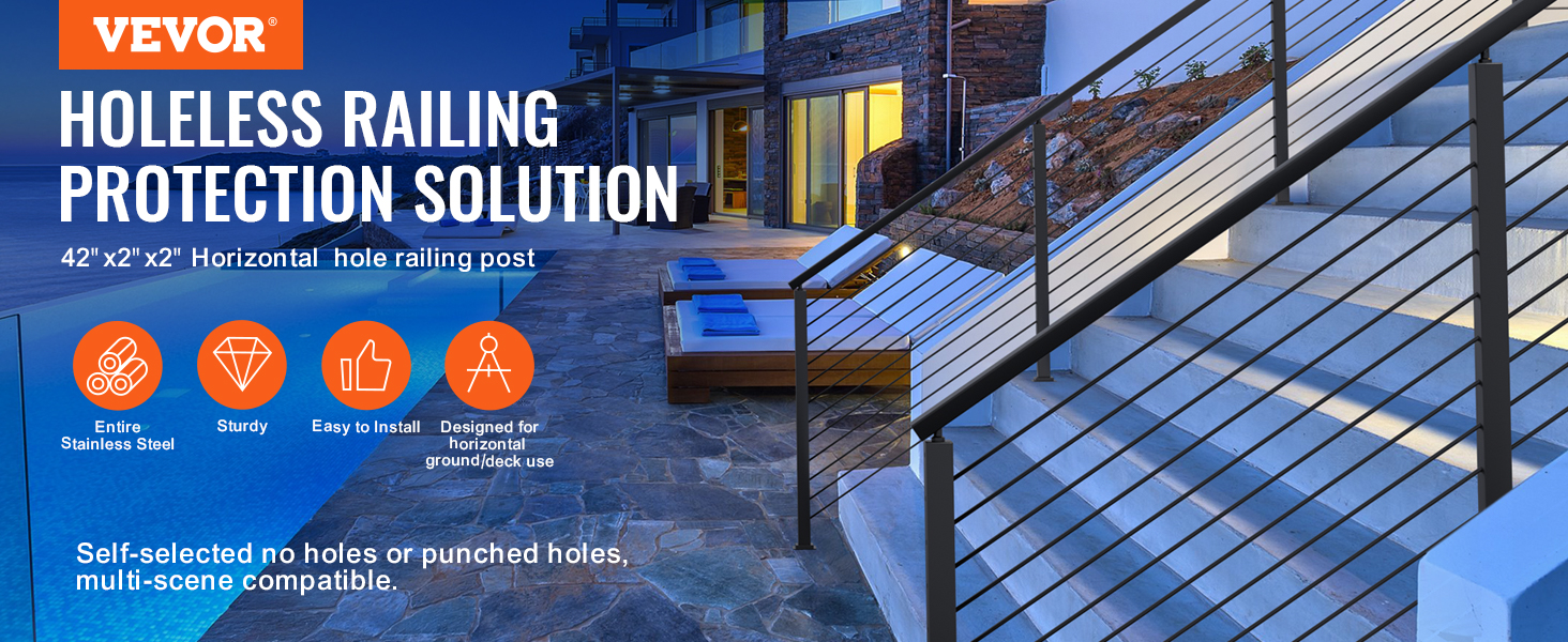 VEVOR cable rail post, sleek railing on modern outdoor stairs, stainless steel, easy install.