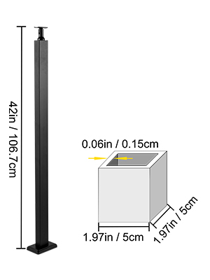 VEVOR cable rail post, 42in height, 0.06in wall thickness, 1.97in base width.