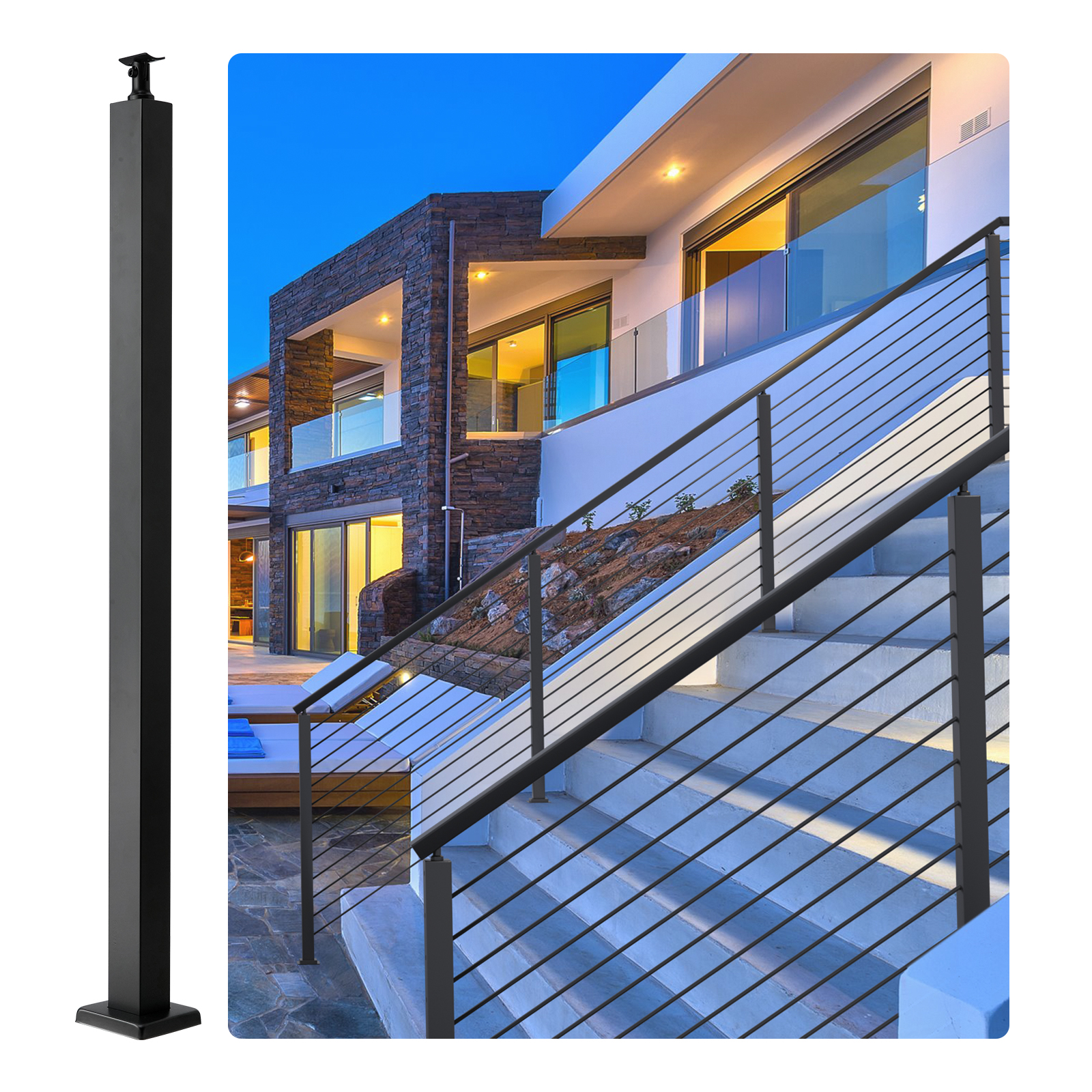 modern house with sleek VEVOR cable rail post and outdoor staircase at dusk.