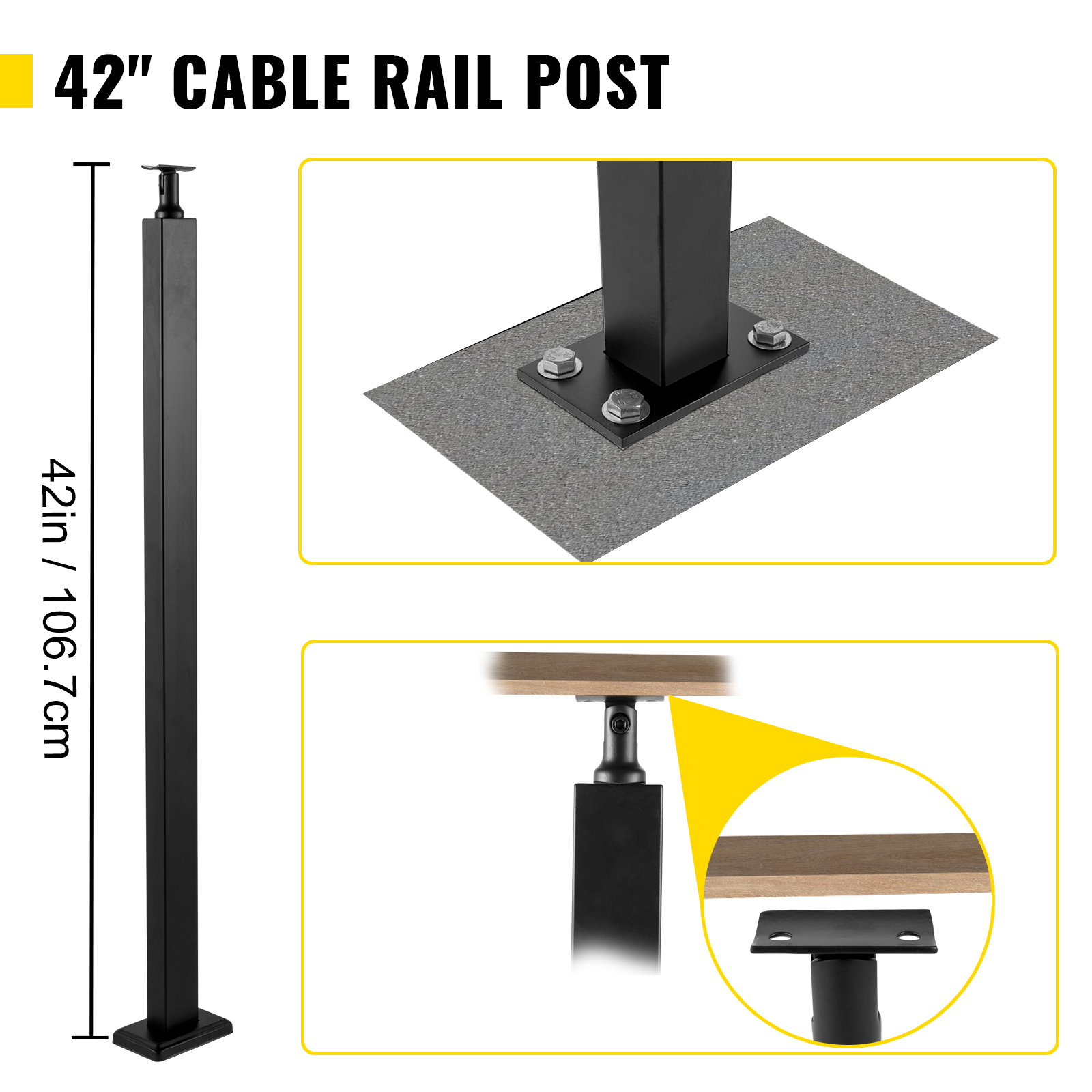 42" VEVOR cable rail post, 42 inches tall, base plate with bolts, detailed top connection.