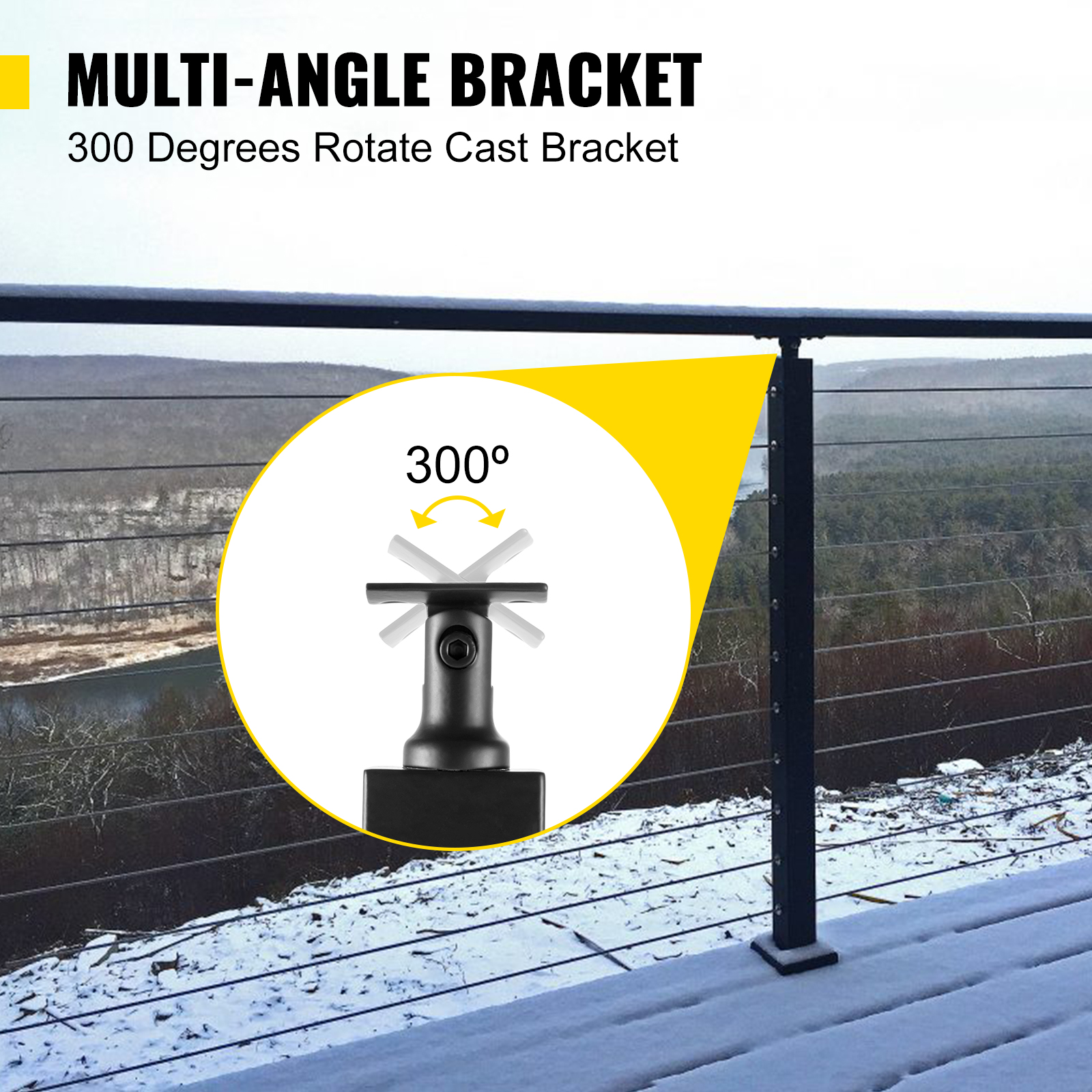 VEVOR cable rail post with multi-angle bracket and 300-degree rotate cast bracket.