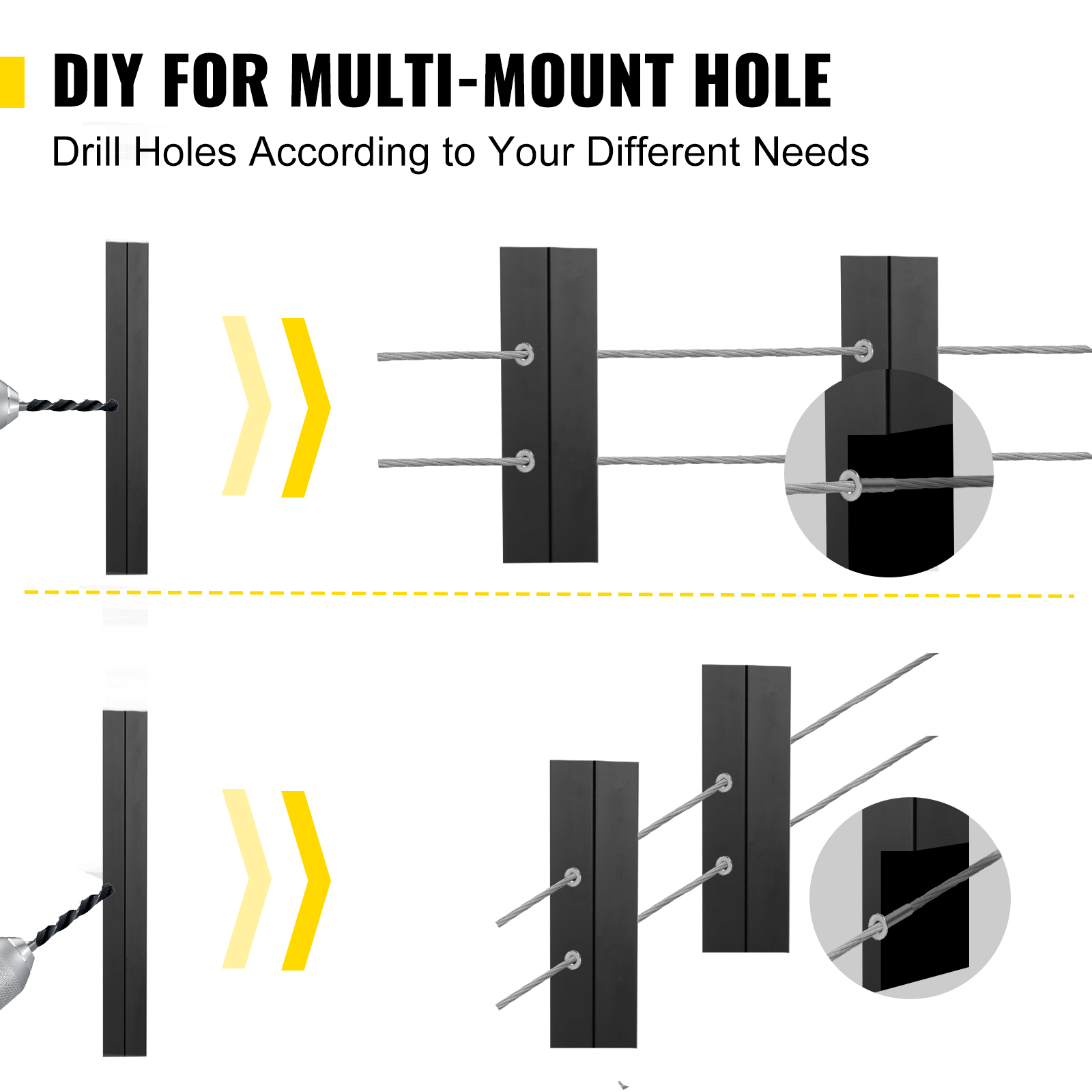 VEVOR cable rail post: customizable drill holes for diverse cable installations.