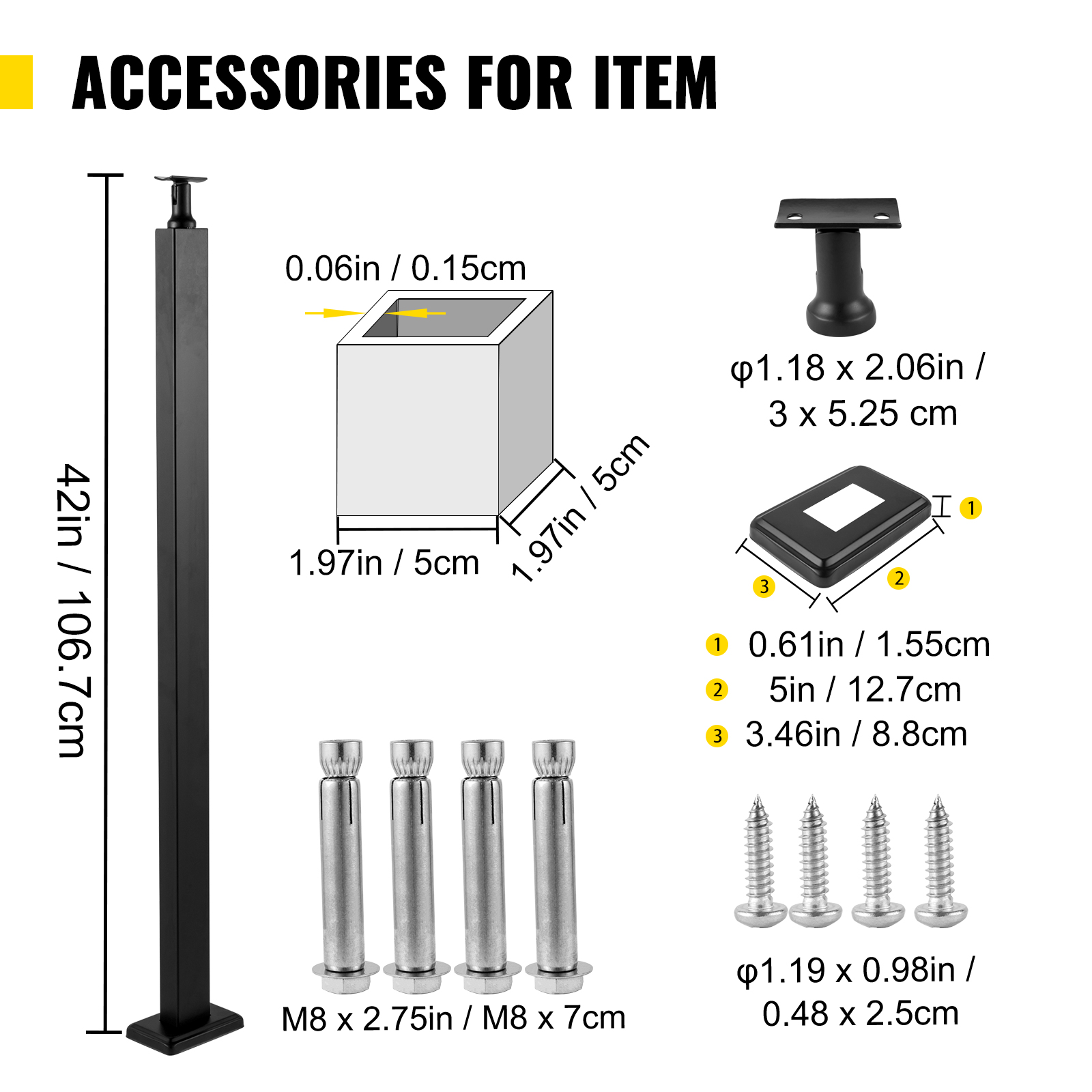 VEVOR cable rail post accessories, including screws, bolts, and dimensional details.