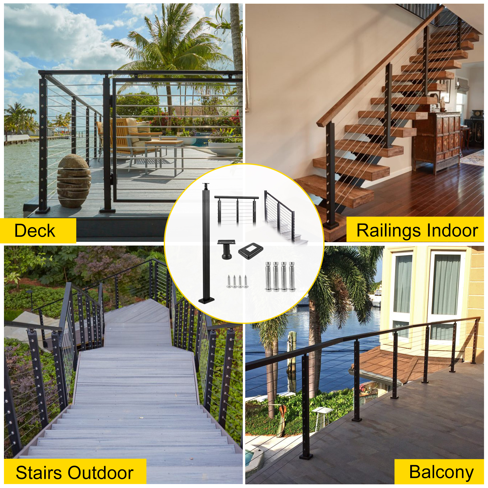 VEVOR cable rail post on deck, indoor railings, outdoor stairs, and balcony.
