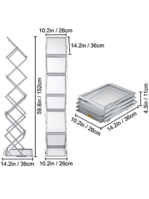 VEVOR magazine rack with dimensions: 59.8in height, 14.2in width, 4.3in folded height.