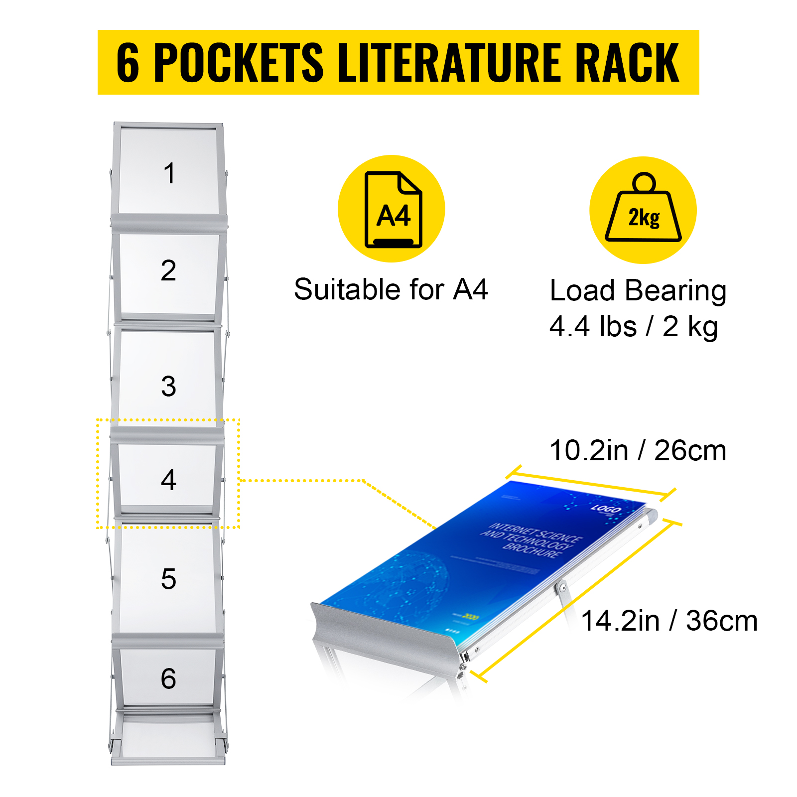 VEVOR magazine rack with 6 pockets for a4, 4.4 lbs load, 10.2x14.2 inches.