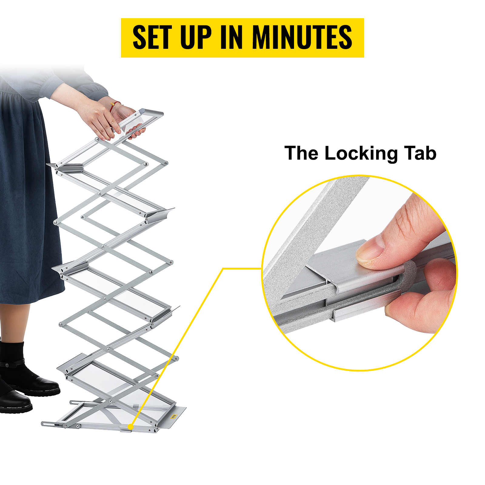 person setting up foldable VEVOR magazine rack with close-up of locking tab mechanism.