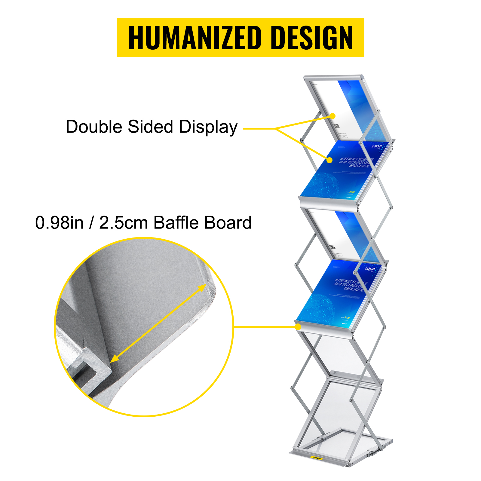 VEVOR magazine rack with double-sided display and 0.98in/2.5cm baffle board.