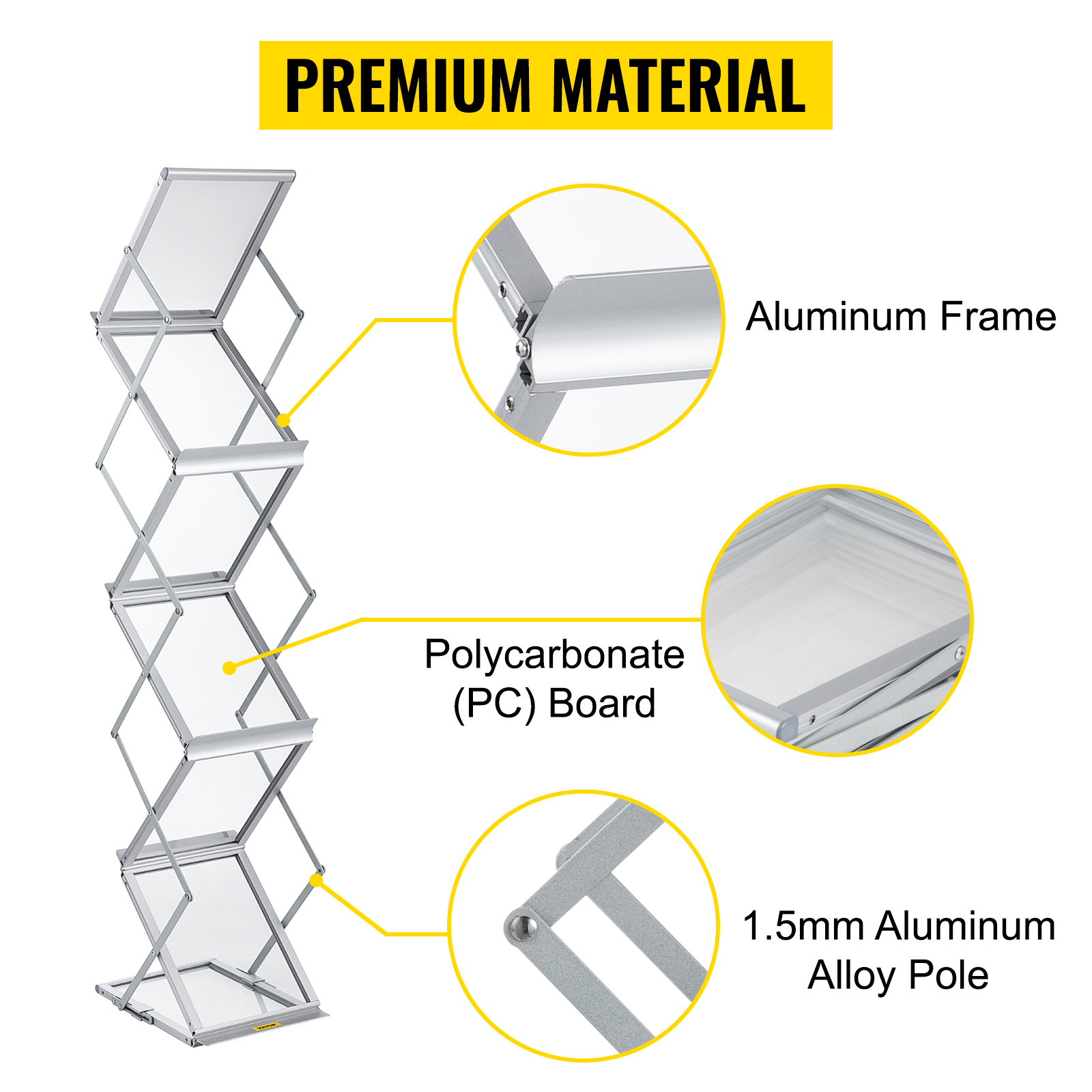 VEVOR magazine rack with aluminum frame, pc board, and 1.5mm aluminum alloy pole.