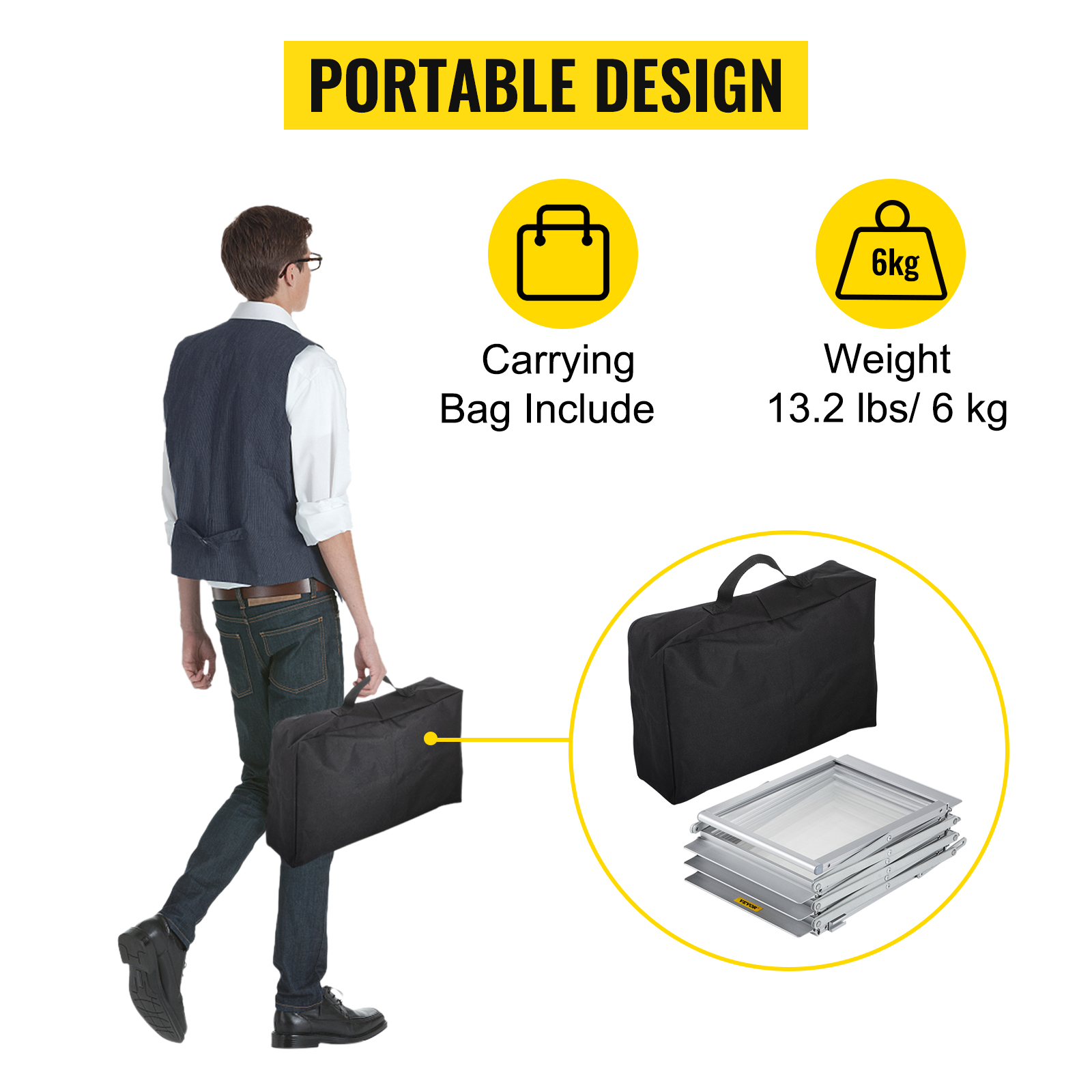 man carrying VEVOR magazine rack in black bag. portable design. weight: 13.2 lbs/6 kg.