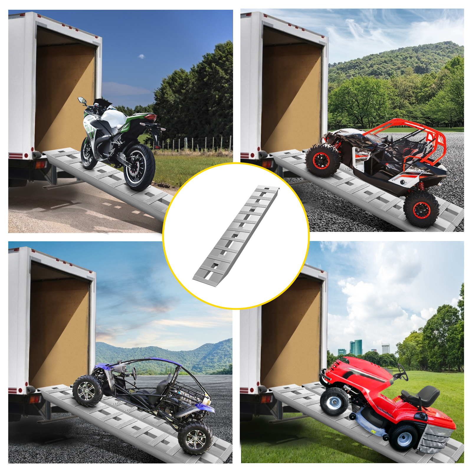 VEVOR alumīnija piekabes rampas motociklu, atv, komunālo transportlīdzekļu un zāles pļāvēju iekraušanai.