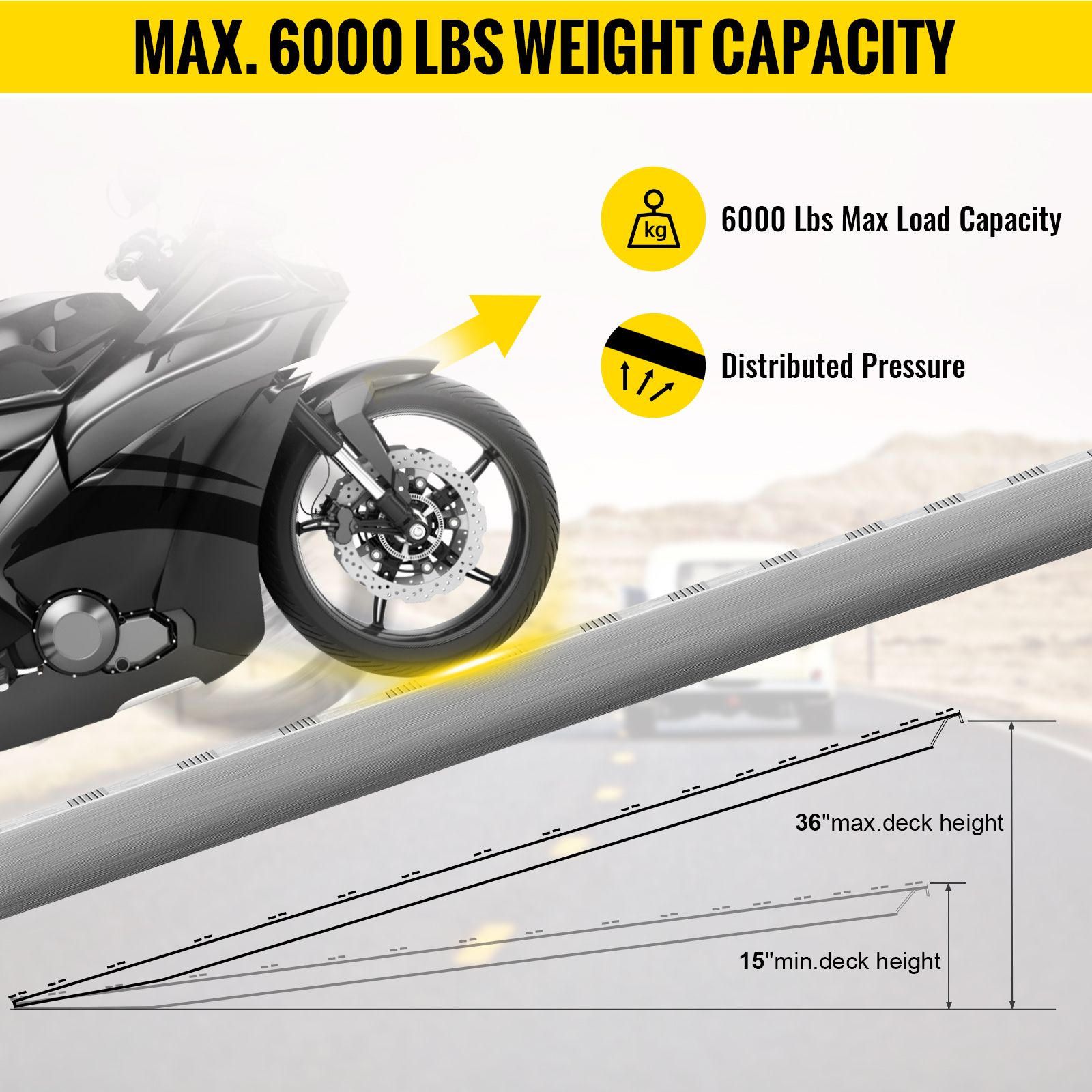 VEVOR aluminum ramps support max 6000 lbs load, show distributed pressure with motorcycle.
