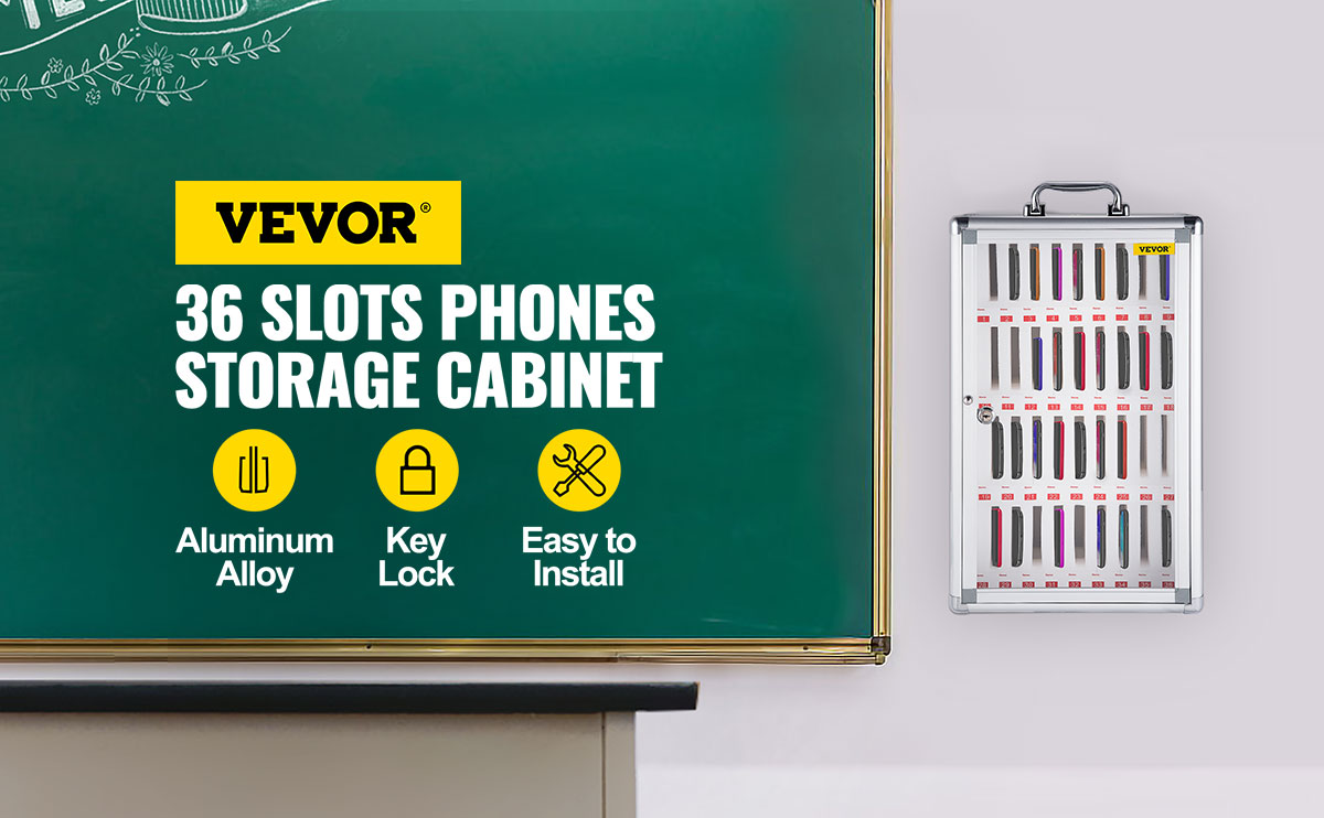 VEVOR mobilo tālruņu skapis ar 36 ligzdām, atslēgas slēdzeni un vienkāršu uzstādīšanu.