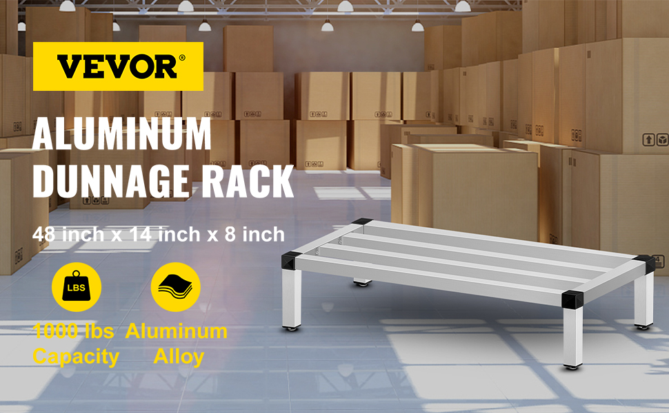 VEVOR aluminum dunnage rack in warehouse, 1000 lbs capacity, 48x14x8 inches.
