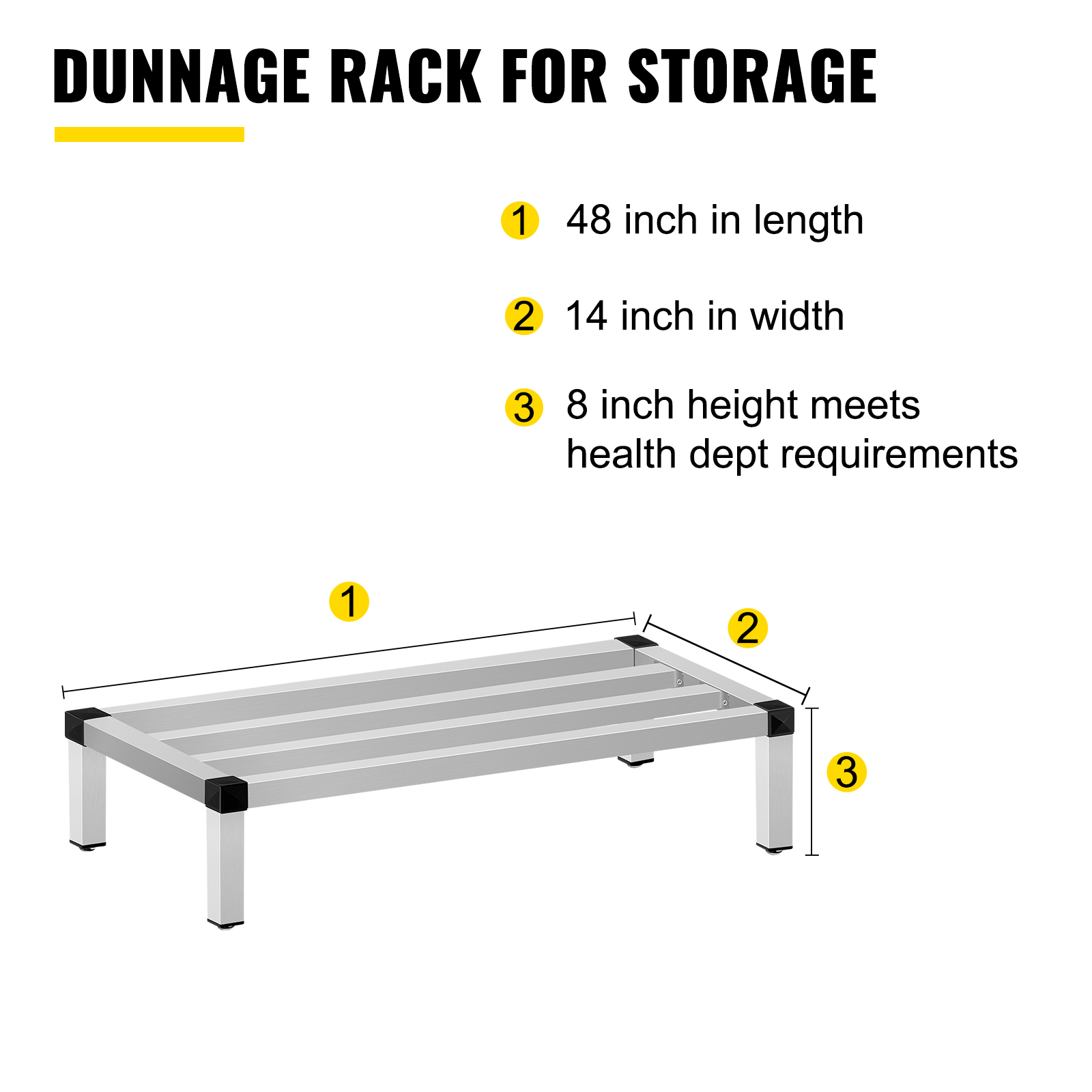 VEVOR aluminum dunnage rack, 48"x14"x8", meets health dept requirements.