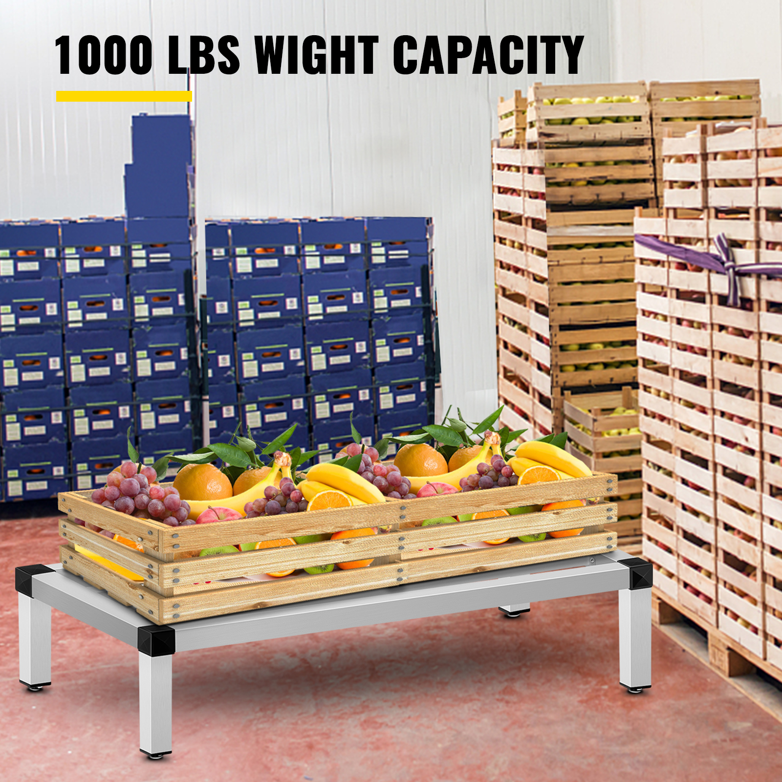 VEVOR aluminum dunnage rack with fruits in a wooden crate, warehouse background.
