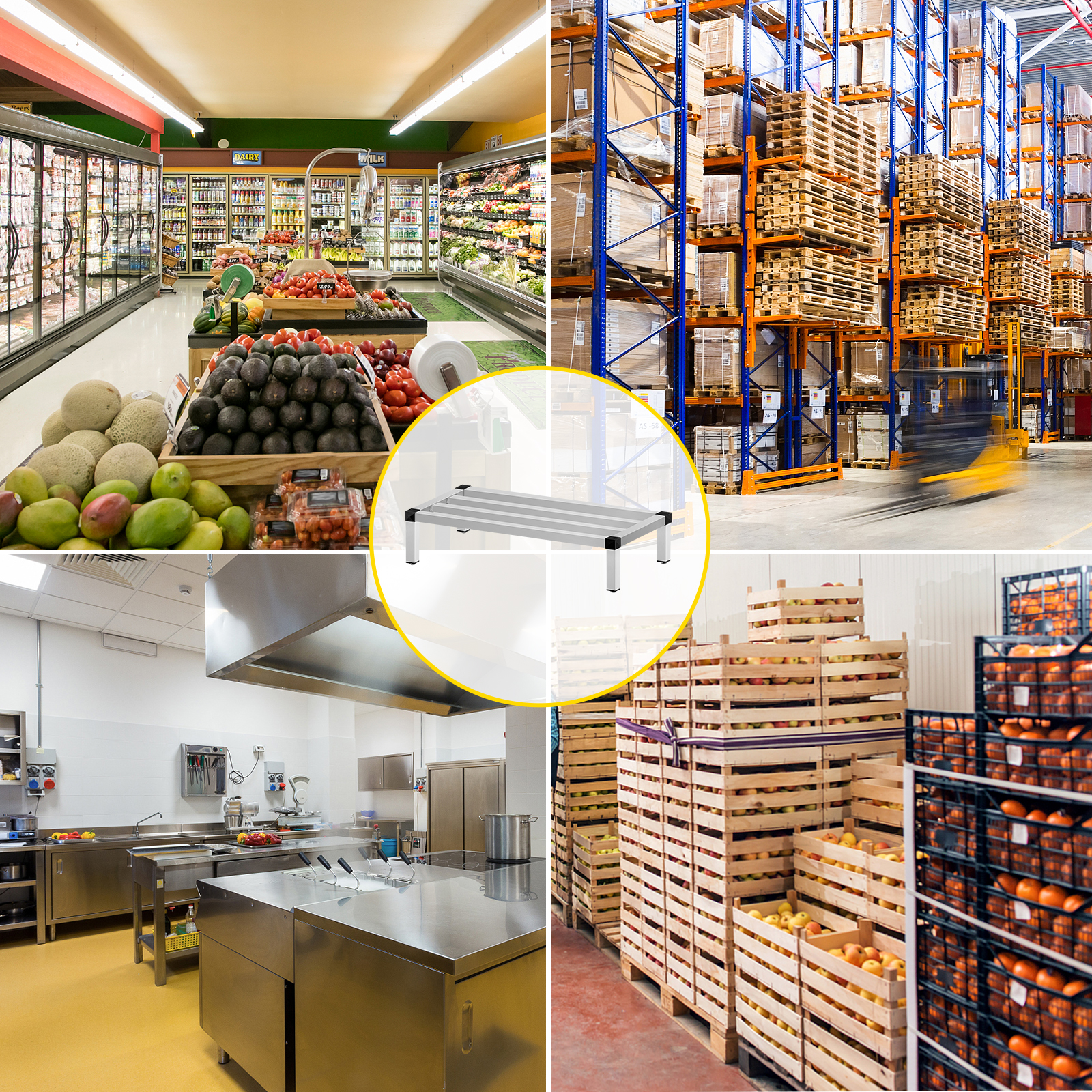 supermarket aisles, commercial kitchen, warehouse, crates, and VEVOR aluminum dunnage rack.