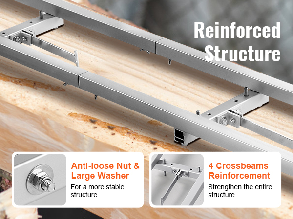 VEVOR rail mill guide system with anti-loose nuts, large washers, and 4 crossbeam reinforcements.