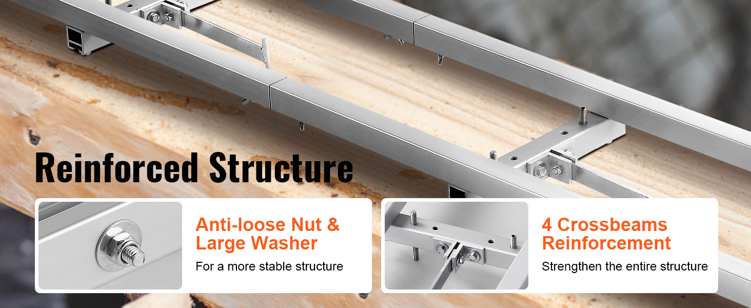 VEVOR rail mill guide system with anti-loose nuts, large washers, and 4 crossbeam reinforcements.