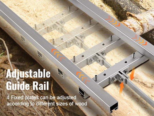 VEVOR rail mill guide system for adjustable wood cutting with 4 fixed plates on a wood log background.