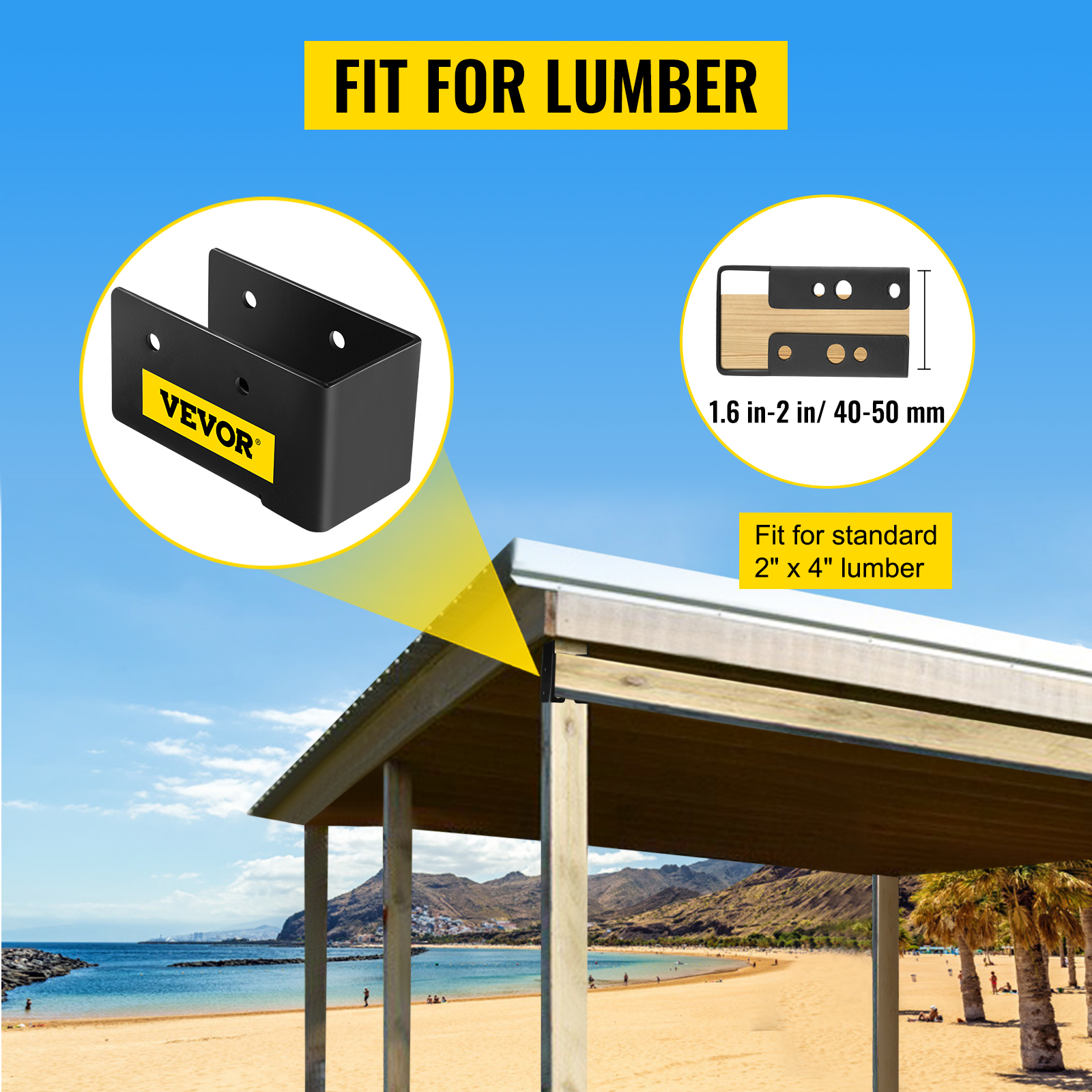 VEVOR concealed joist hanger for standard 2" x 4" lumber, beach background.