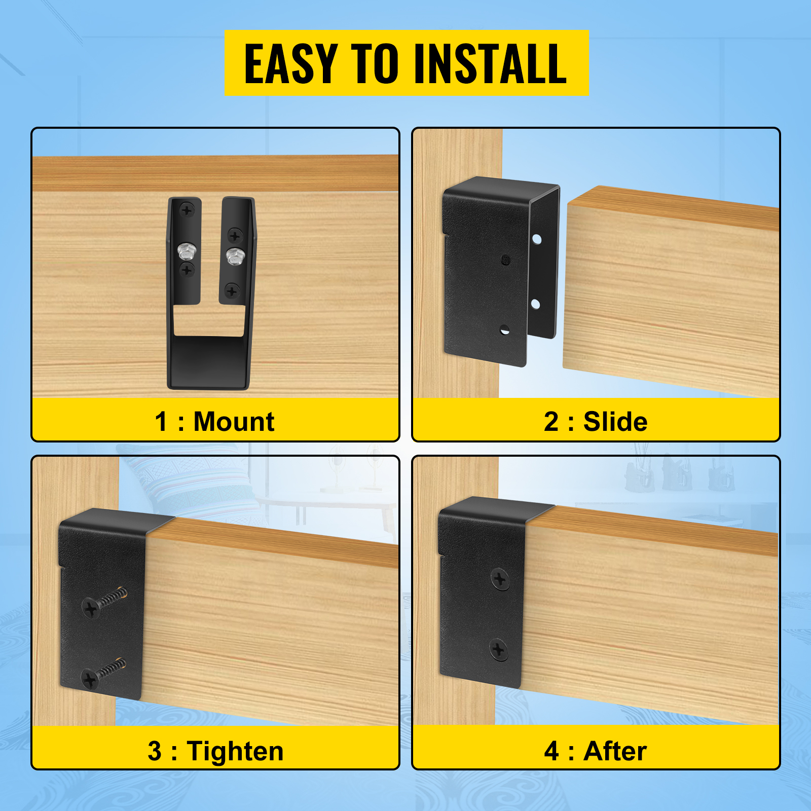easy installation steps for VEVOR concealed joist hanger: mount, slide, tighten, after.