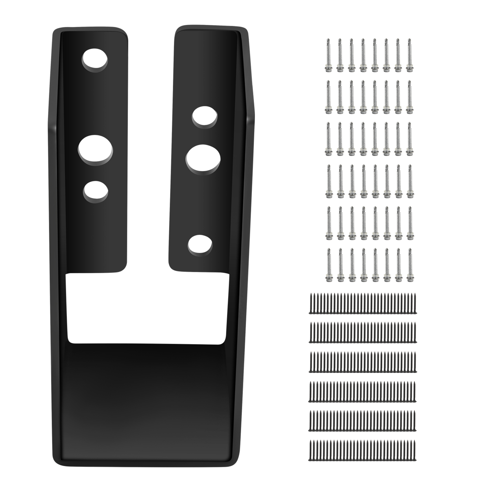 VEVOR concealed joist hanger with screws and nails laid out separately.