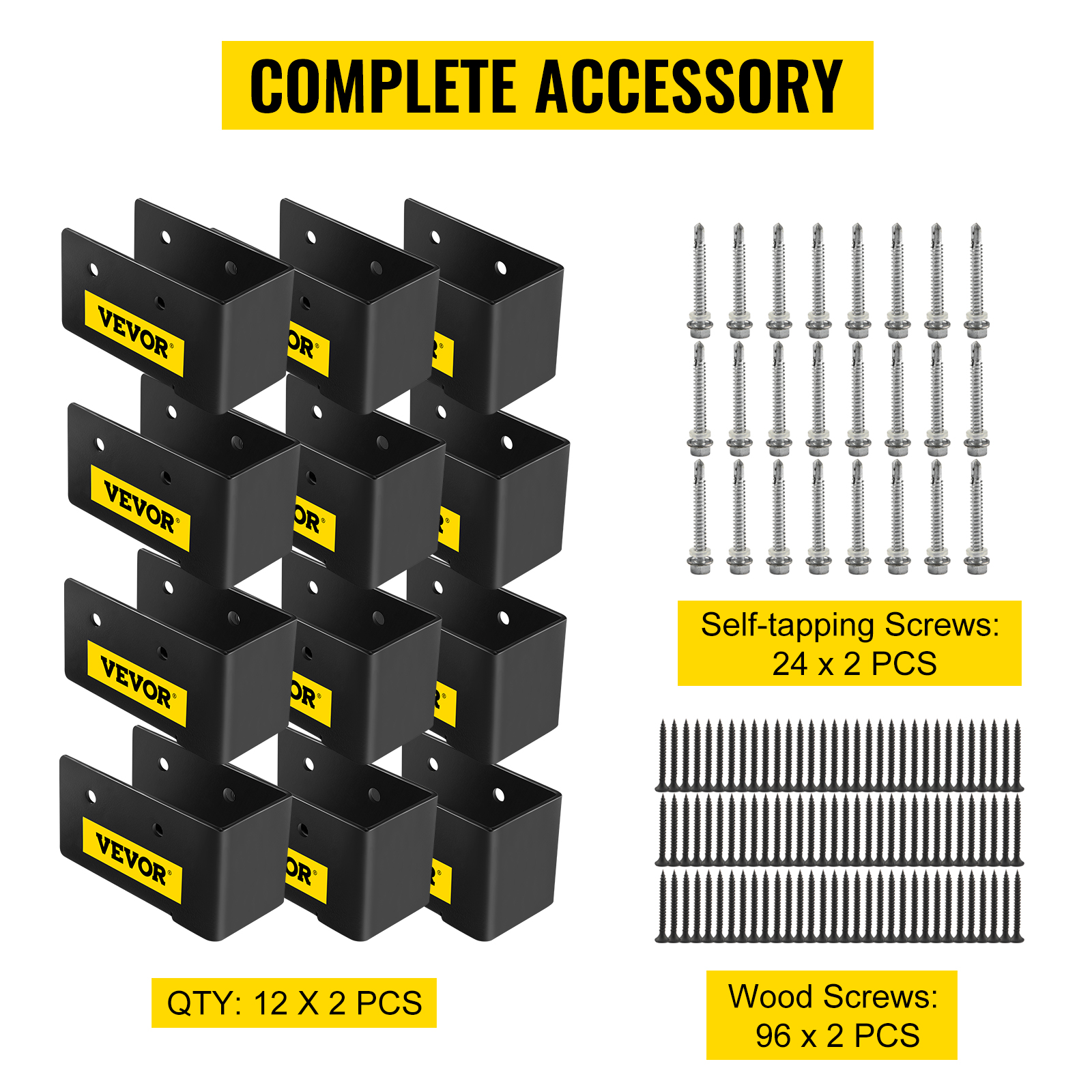 VEVOR concealed joist hanger set with screws, 24 self-tapping, and 96 wood screws.
