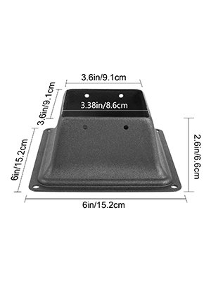 VEVOR deck post base with dimensions in inches and centimeters.