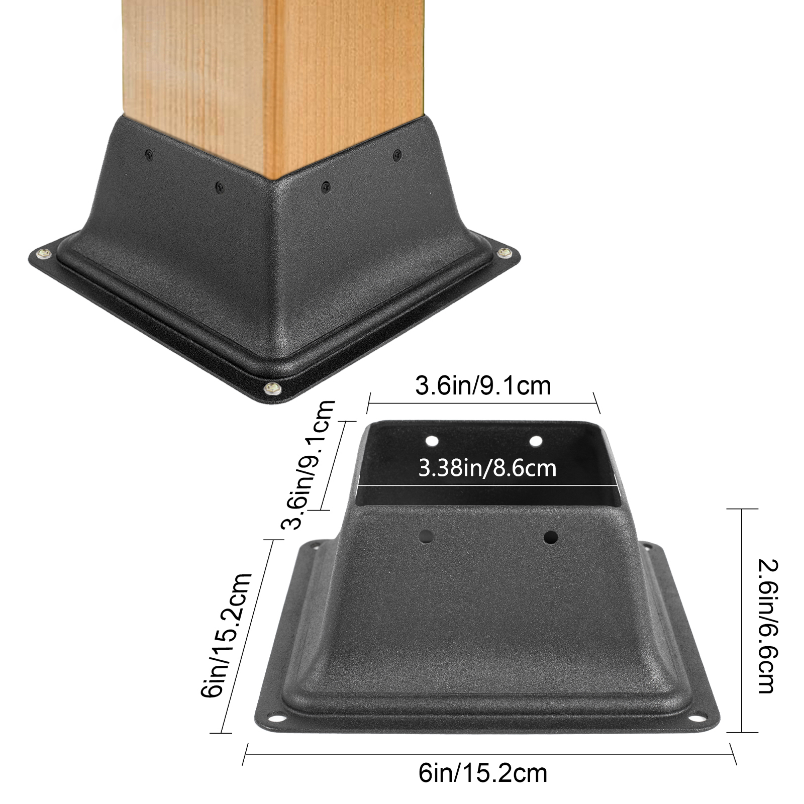 VEVOR deck post base, black, with dimensions labeled for accurate fitting.