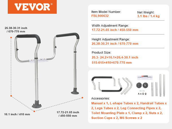 VEVOR toilet safety rail with adjustable height and width, including assembly components and model details.