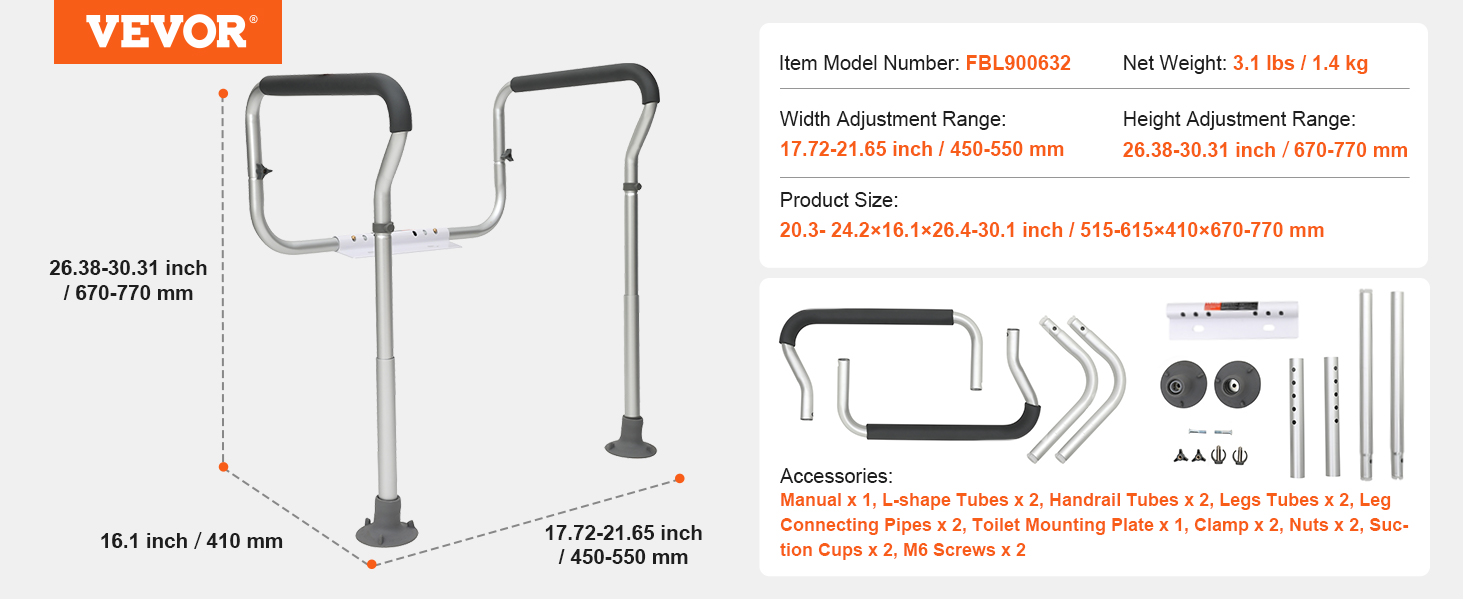 VEVOR toilet safety rail with adjustable height and width, including assembly components and model details.