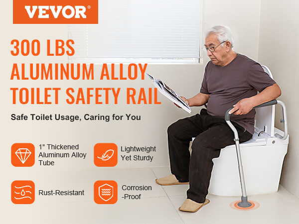 VEVOR toilet safety rail holds up to 300 lbs. made with 1" thickened aluminum alloy, lightweight, and corrosion-proof.