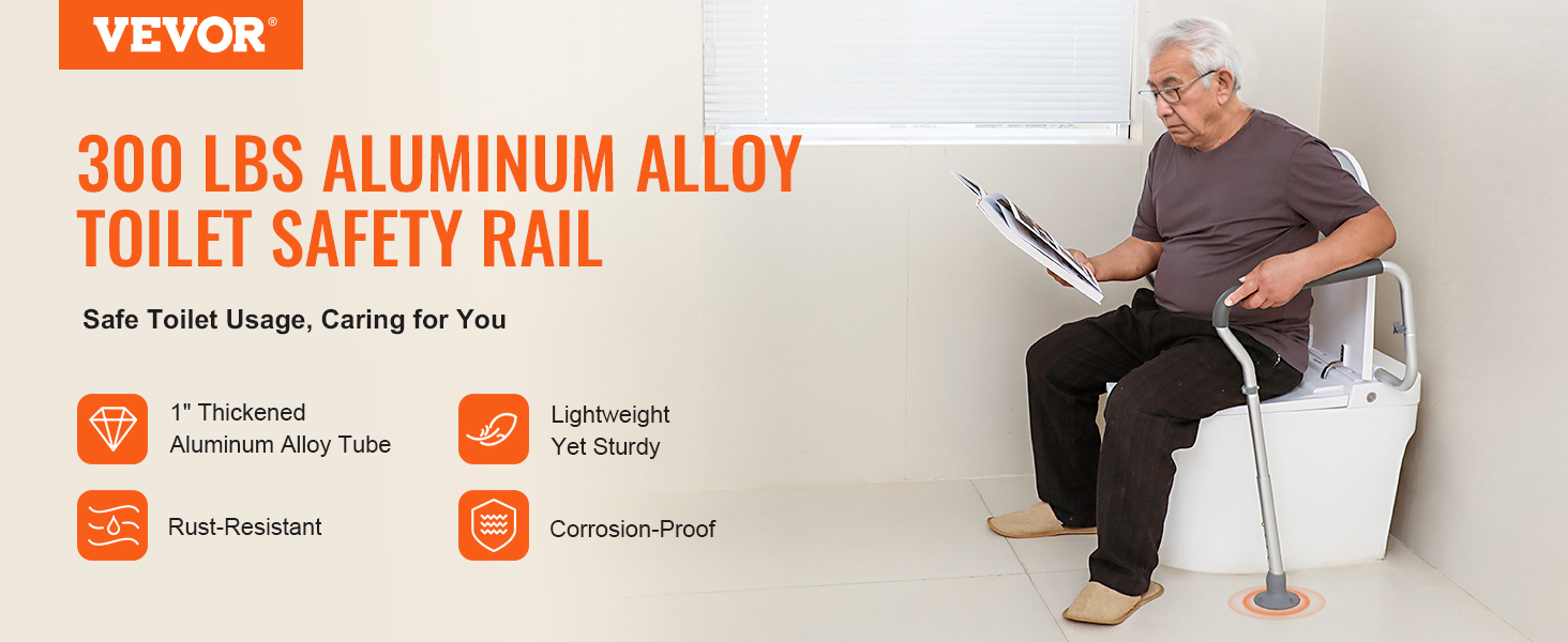 VEVOR toilet safety rail holds up to 300 lbs. made with 1" thickened aluminum alloy, lightweight, and corrosion-proof.