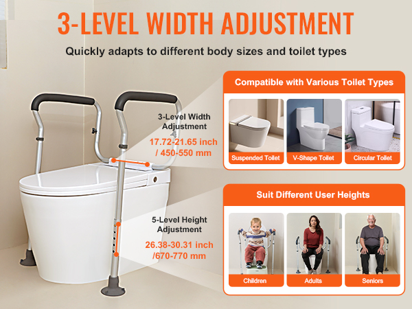 VEVOR toilet safety rail: 3-level width and 5-level height adjustable, compatible with various toilet types.