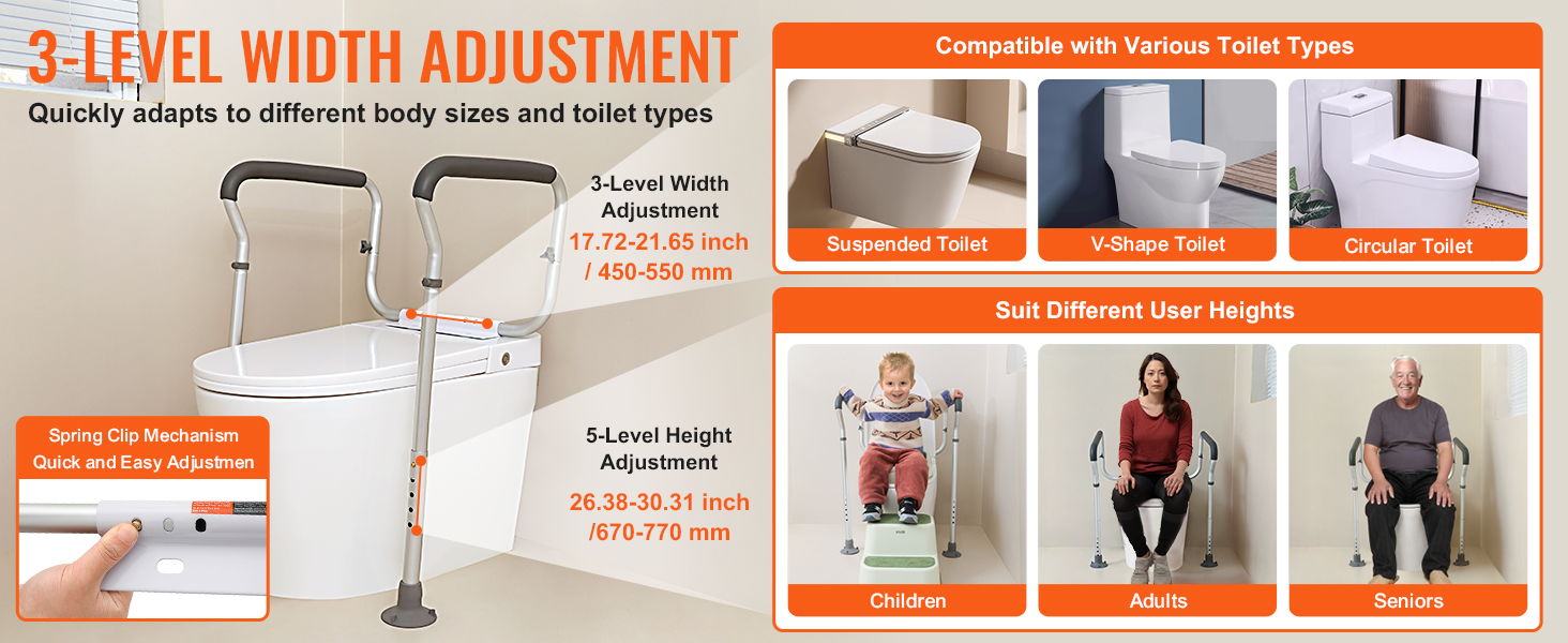 VEVOR toilet safety rail: 3-level width and 5-level height adjustable, compatible with various toilet types.