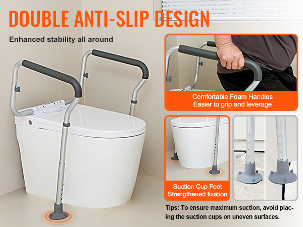VEVOR toilet safety rail with anti-slip design, foam handles, and suction cup feet for added stability.