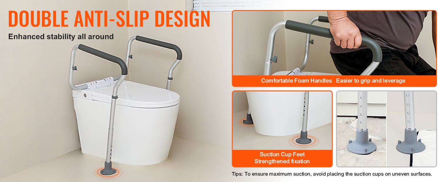 VEVOR toilet safety rail with anti-slip design, foam handles, and suction cup feet for added stability.
