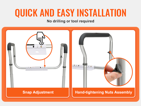 quick and easy installation of VEVOR toilet safety rail with snap adjustment and hand-tightening nuts.
