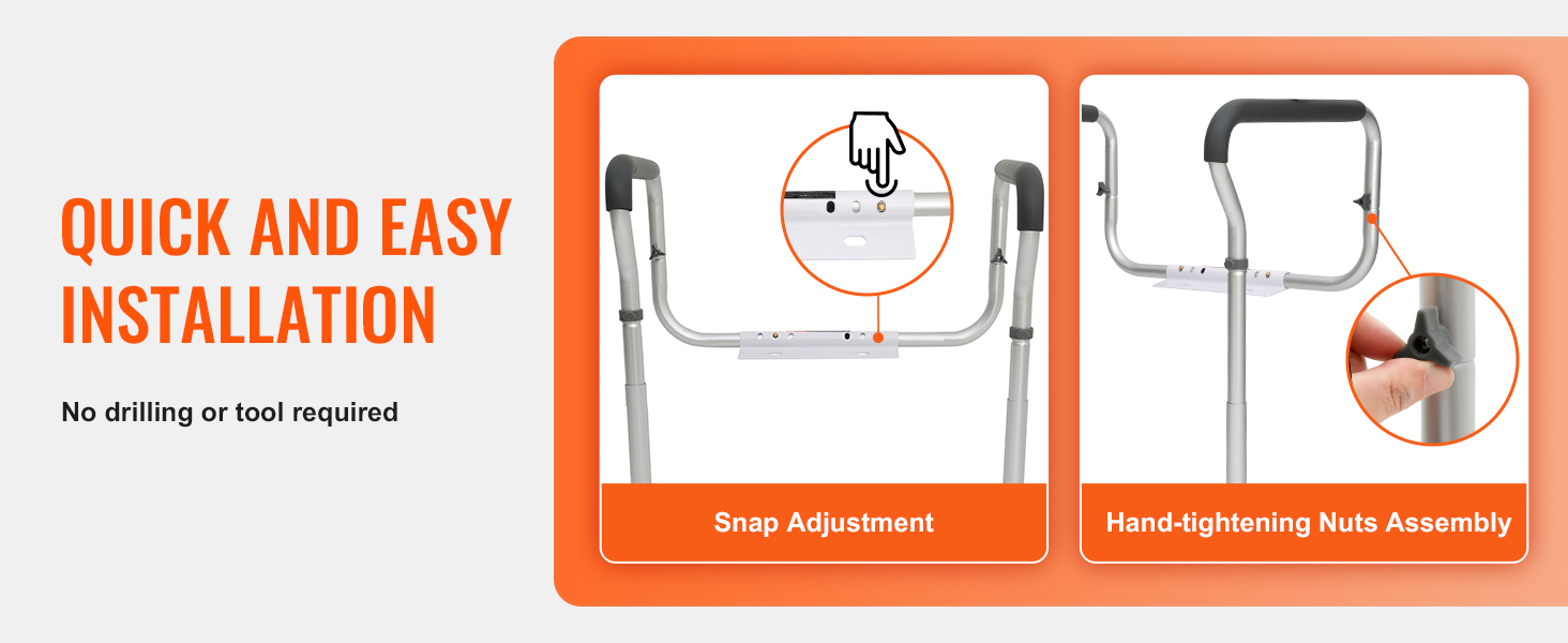 quick and easy installation of VEVOR toilet safety rail with snap adjustment and hand-tightening nuts.