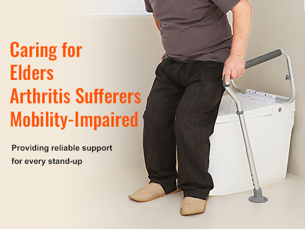 person using VEVOR toilet safety rail for support, emphasizing care for elders, arthritis sufferers, and mobility-impaired.